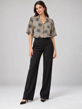 Voir Collection Y2K Beige Black Abstract Print Button Front Blouse Elbow Sleeve
